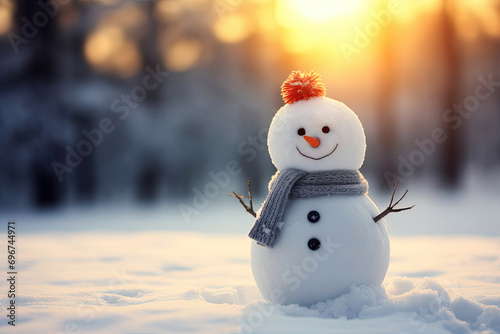 snowman on the snow.A cheerful snowman in a hat and knitted scarf stands on the snow in the rays of the setting sun. © Natali9yarova