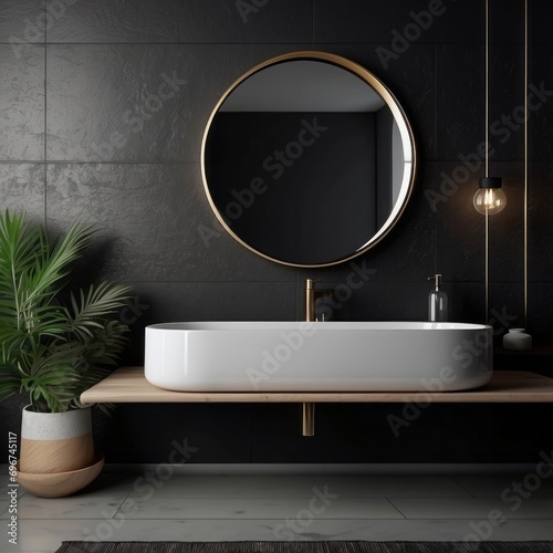 Black wall hung vanity with white round vessel sink, near multicolored wall with mirror. Minimalist