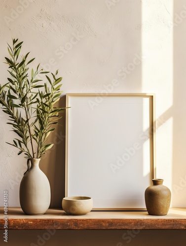 Textured vase, pot with olive tree branches on a wooden shelf. Monotone wall background with copy space, blank, frame. Mediterranean interior inspiration.