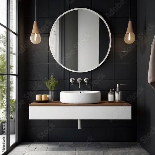 Black wall hung vanity with white round vessel sink  near multicolored wall with mirror. Minimalist