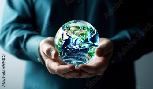 A man holds a glass model of planet Earth, globe on a black background