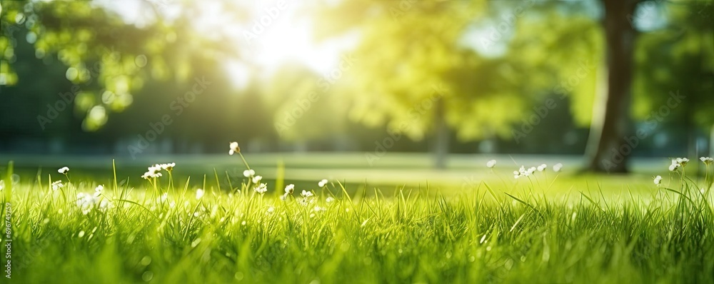 Morning dew on meadow. Picturesque scene unfolds in early hours of day sun casts golden glow over lush green meadow. Nature awakens and grass sparkles with morning dew glistening - obrazy, fototapety, plakaty 