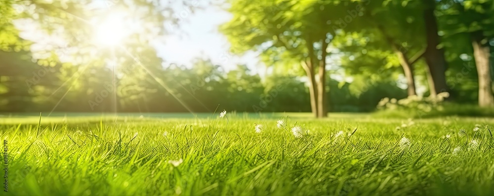 Fototapeta premium Morning dew on meadow. Picturesque scene unfolds in early hours of day sun casts golden glow over lush green meadow. Nature awakens and grass sparkles with morning dew glistening