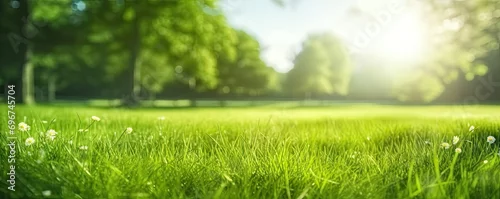 Panel kuchenny z motywem Morning dew on meadow. Picturesque scene unfolds in early hours of day sun casts golden glow over lush green meadow. Nature awakens and grass sparkles with morning dew glistening