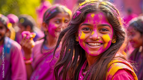 Celebration of Holi festival day colorful illustration of a child covered in paint illustration © DesveryRafnika