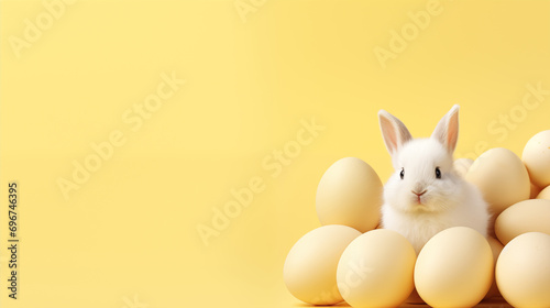 Happy easter Cute bunny sitting with easter eggs dot pattern pastel yellow background with copyspace