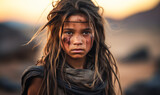 Young warrior girl with wind-blown hair and tribal marks standing resilient in a rugged desert landscape at dusk