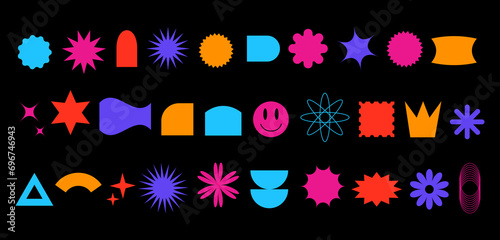 Brutalist abstract geometric shapes set. Swiss design aesthetic. Simple star and flower shape, basic form, trendy modern graphic element vector.