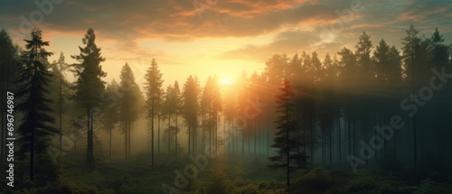 Sunrise over the treetops. Forest at sunrise