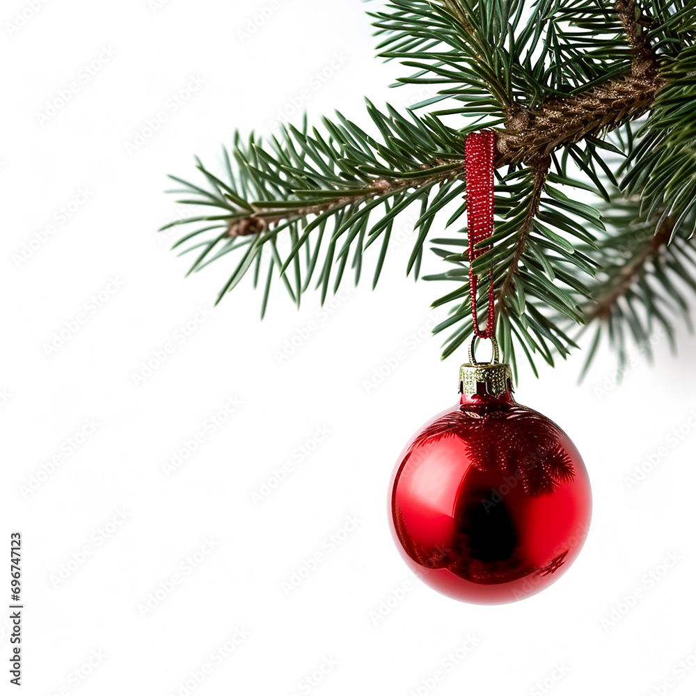 Single Red Christmas glass ball hanging from a pine branch, isolated on white. Made with generative ai Single Red Christmas glass ball hanging from a pine branch, isolated on white. Made with generative ai