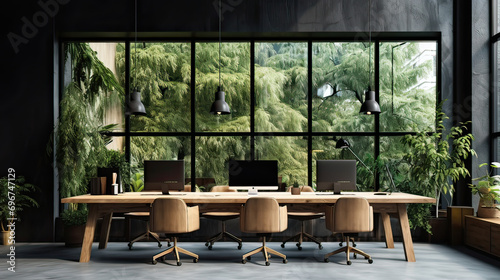 cozy workspace with pc on the table and panoramic window  modern rustic style  3d render  