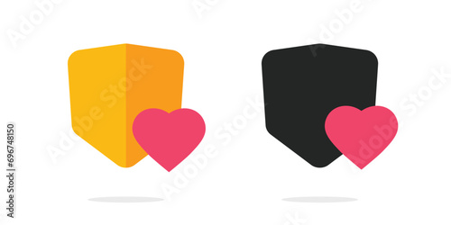 Heart shield icon logo flat cartoon sign vector graphic illustration set, yellow orange red love support signs, health care safe guard life defense symbol, insurance safeguard medical shelter image