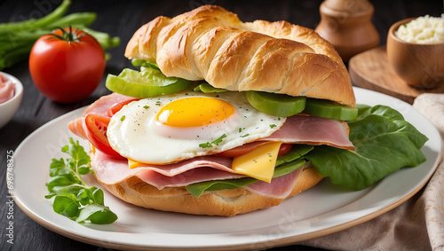 A large appetizing sandwich with egg, ham, greens and tomatoes