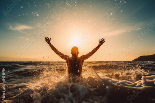 A triumphant swimmer emerges from crystal-clear waters arms raised in pure joy