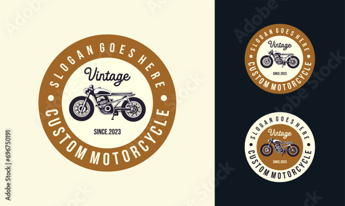 Custom motorcycle logo design vector. Motorcycle custom vintage illustration isolated.