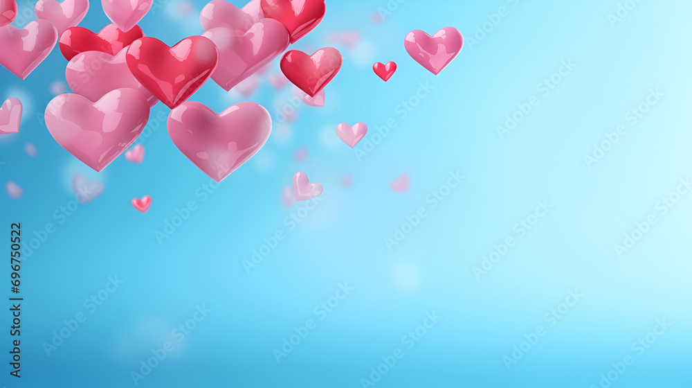 Bright pink and red 3D hearts float in a clear blue background with copy space, symbolizing love and joy. Ideal for Valentine's Day, engagements and romantic celebrations.