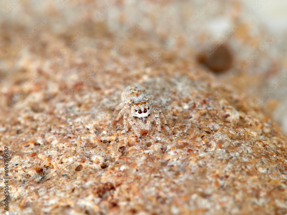 Small jumping spider camouflaged in the sand on the beach. Genus Pseudomogrus. Species unknown to science. Small jumping spider camouflaged in the sand on the beach. Genus Pseudomogrus. Species unknown to science.