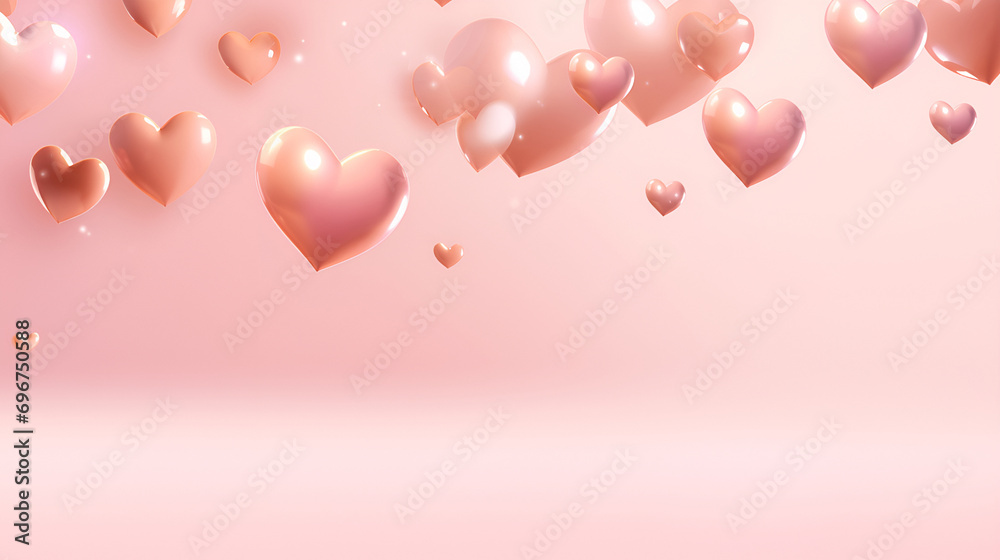 Sparkling gold and soft pink hearts rise above a pastel pink background ...