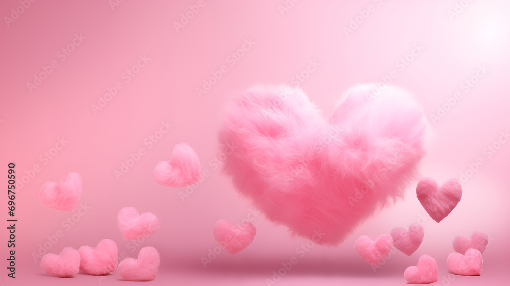 Valentine romantic pink feather heart floats on pink pastel background with copy space. Minimalist monochrome Valentine card. Valentine's Day concept template for text.