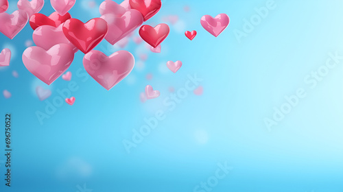 Bright pink and red 3D hearts float in a clear blue background with copy space, symbolizing love and joy. Ideal for Valentine's Day, engagements and romantic celebrations.