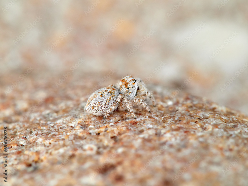 Small jumping spider camouflaged in the sand on the beach. Genus Pseudomogrus. Species unknown to science. Small jumping spider camouflaged in the sand on the beach. Genus Pseudomogrus. Species unknown to science.