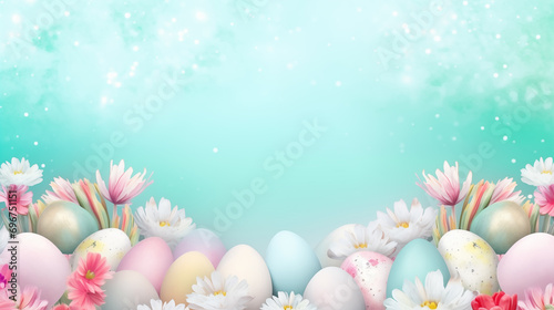 Happy Easter border frame of easter eggs and flowers with copy space in the middle spring season