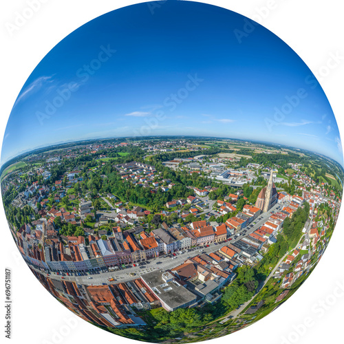 Neuötting im oberbayerischen Landkreis Altötting von oben, Little Planet-Ansicht, freigestellt