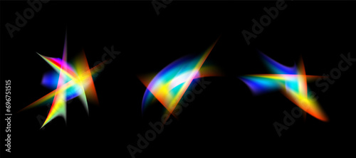 Blurred rainbow refraction overlay effect set. Light lens prism effect on black background. Holographic reflection, crystal flare leak shadow overlay. Vector abstract illustration.