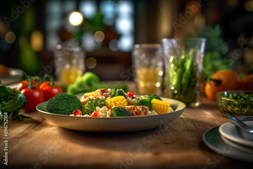 A table with a healthy meal consisting of fresh vegetables
