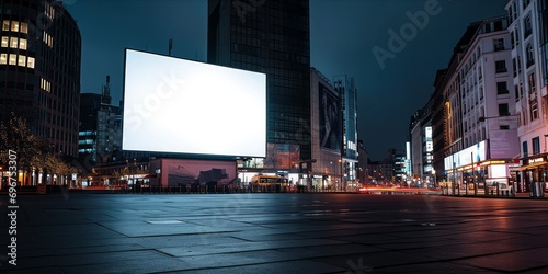 A large blank advertising billboard in a night-time urban setting with city lights and buildings
