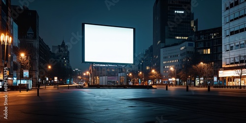 A large blank advertising billboard in a night-time urban setting with city lights and buildings photo