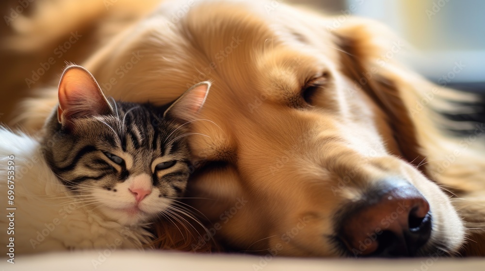Cat and dog sleeping together. Kitten and golden retriever taking nap. Home pets. Animal care. Love and friendship. Domestic animals. Cat and dog sleeping together. Kitten and golden retriever taking nap. Home pets. Animal care. Love and friendship. Domestic animals.