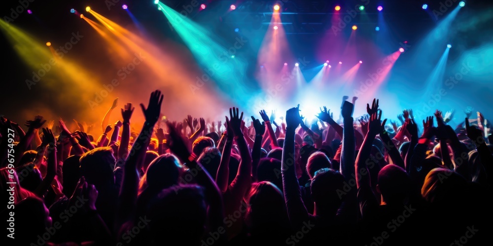 Crowd on a concert with hands raised, colorful light beams - obrazy, fototapety, plakaty 