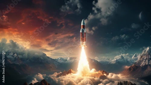 Space rocket flying high in the sky photo