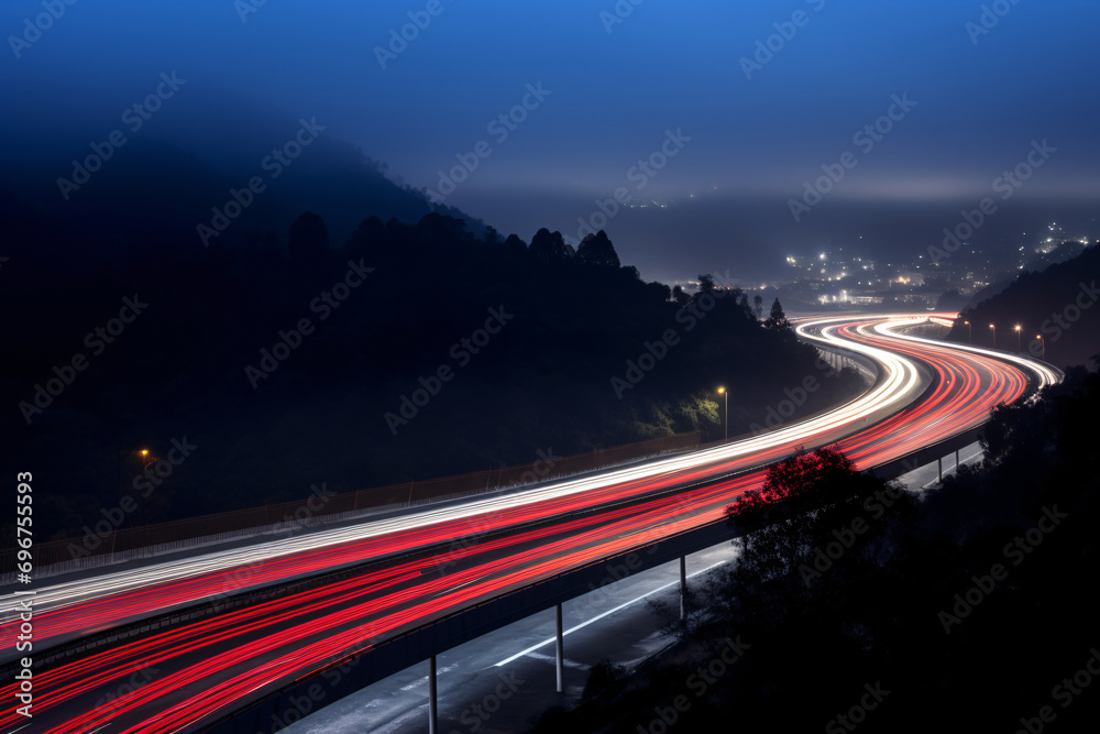 Obraz premium Long exposure of a highway at night with light trails of cars driving past