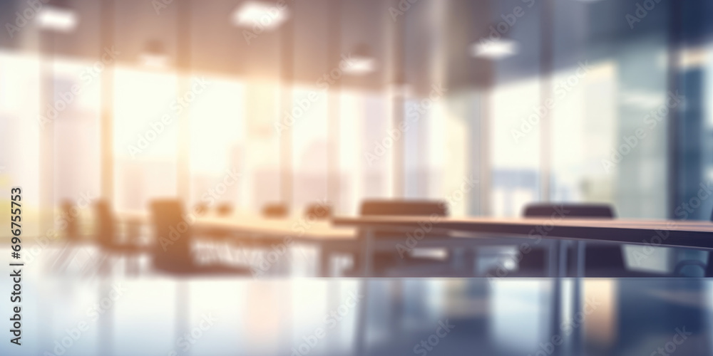 Blurred workplace with panoramic windows, office in the morning, interior for business presentation background