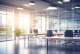Blurred workplace with city view, office in the morning, interior for business presentation background