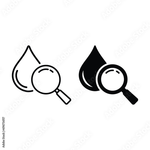 Water Research Silhouette and Line Icon Set. Magnifying Glass with Drop Water Black Pictogram. Laboratory Microbiology Test. Quality Analysis of Liquid Sign Collection. Isolated Vector Illustration.