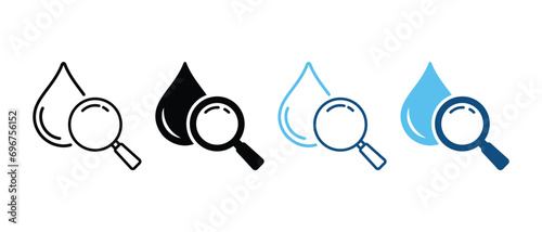 Water Research Silhouette and Line Icon Set. Magnifying Glass with Drop Water Black and Color Pictogram. Laboratory Test. Liquid Quality Analysis Sign Collection. Isolated Vector Illustration. photo
