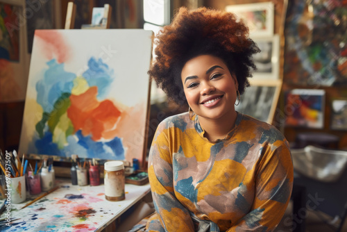 A curvy woman with obesity proudly showcasing her artistic talents in a painting class, illustrating the diversity of creativity and self-expression. Plus-size female, 34 years old, African American e