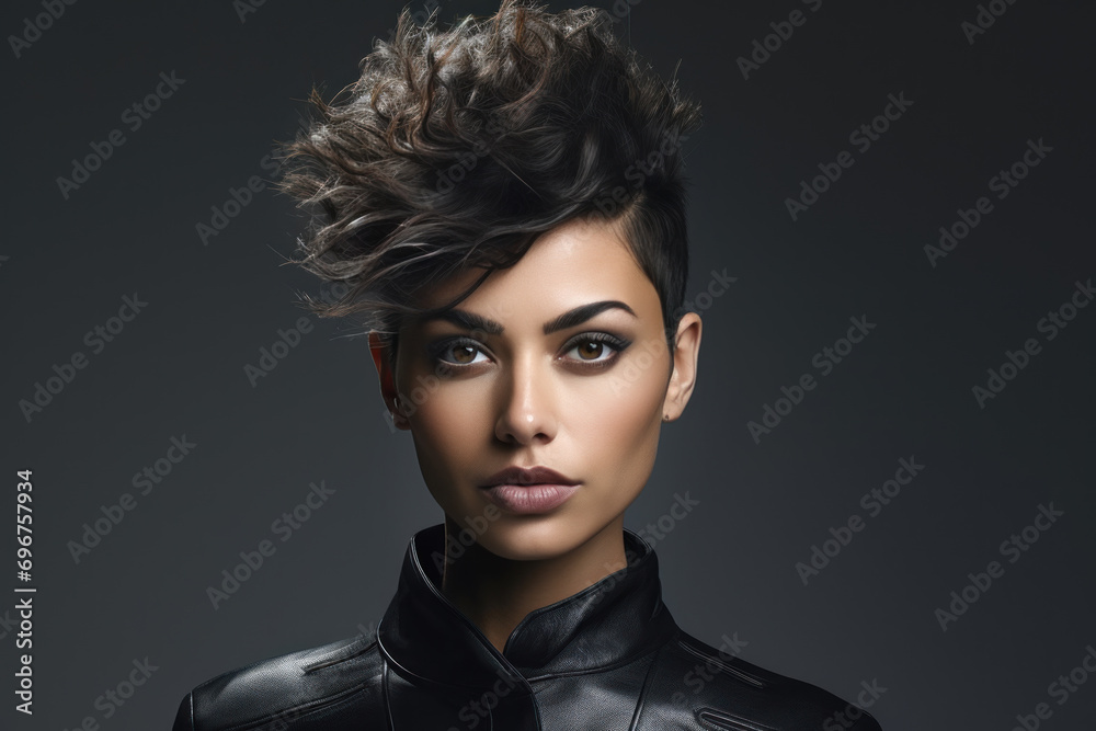 An artistic photograph showcasing a woman with a unique asymmetrical haircut, blending creativity and avant-garde style. Female, 28 years old, European ethnicity An artistic photograph showcasing a woman with a unique asymmetrical haircut, blending creativity and avant-garde style. Female, 28 years old, European ethnicity