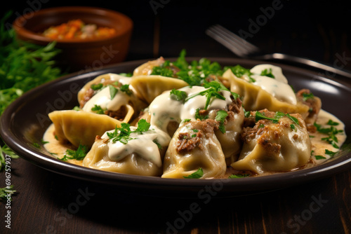 Belarusian dumplings filled with meat or mushrooms, drizzled with butter and garnished with parsley, offering a delightful taste of Belarusian comfort food.