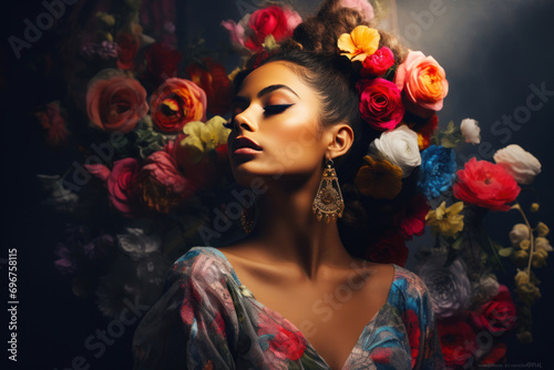  An artistic shot of a lady with a messy bun adorned with colorful flowers, combining a bohemian and chic vibe. Female, 25 years old, Latino ethnicity