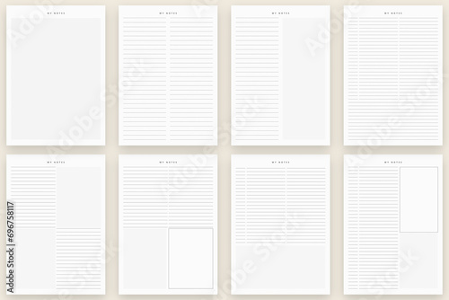 Minimalist printable planner page templates. Notes planner Bundle. Graphic organization paper vector set photo