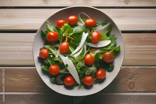 Salad with cherry tomatoes on wooden table