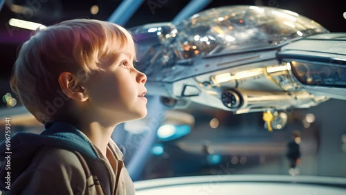 A closeup of a young child gazing in wonder at a model spaceship, representing the potential for the future generation to view space tourism as a normal and attainable goal. photo