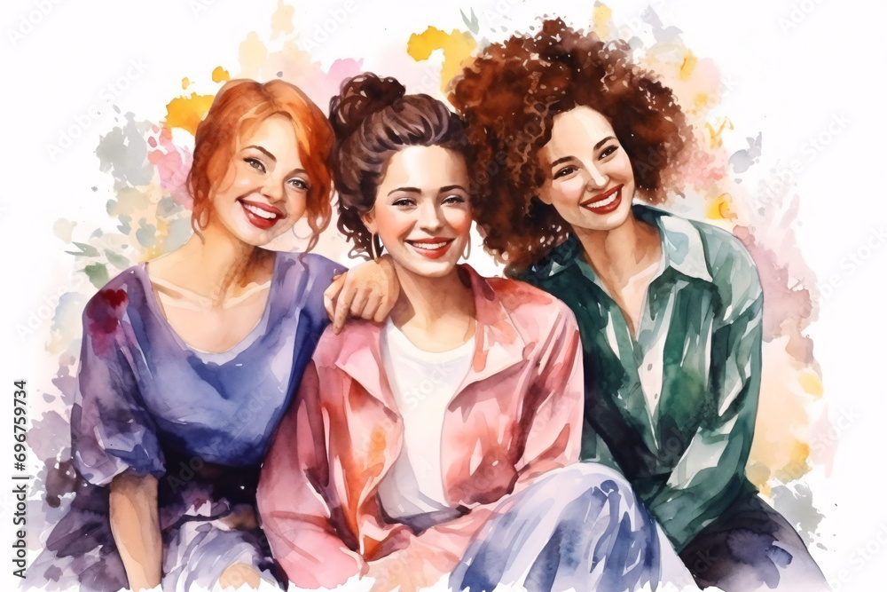 Three happy women, watercolor illustration, friendship, empowerment, woman's day