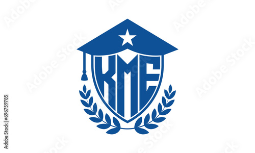 KME three letter iconic academic logo design vector template. monogram, abstract, school, college, university, graduation cap symbol logo, shield, model, institute, educational, coaching canter, tech	 photo