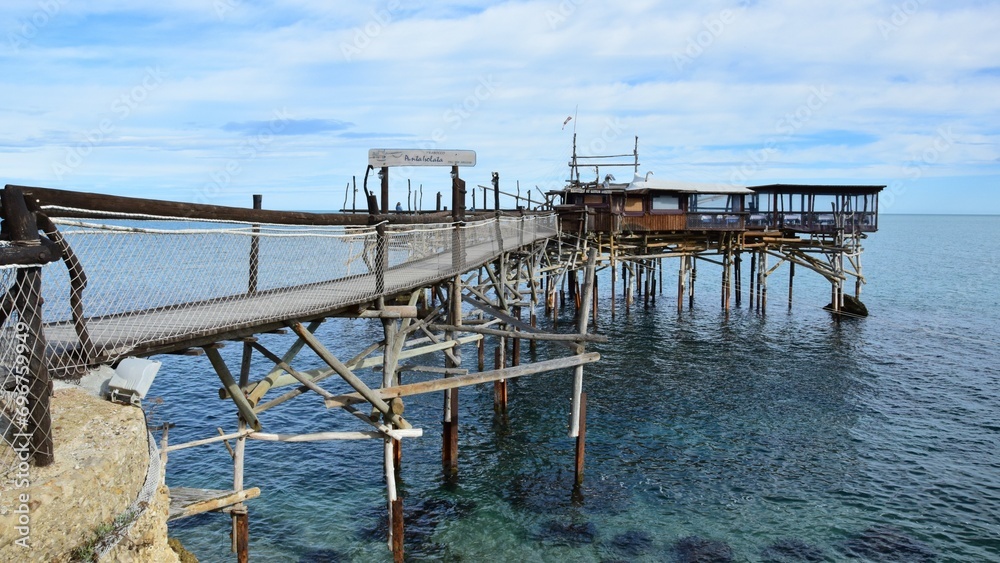 Fishing platforms on the Italian coast called trabocchi transformed into restaurants