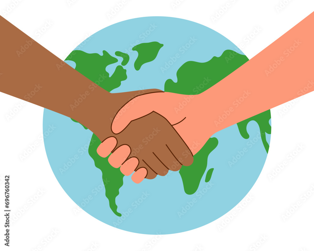 Handshaking hands of different skin tones in front of the planet. Handshaking hands of different skin tones in front of the planet.